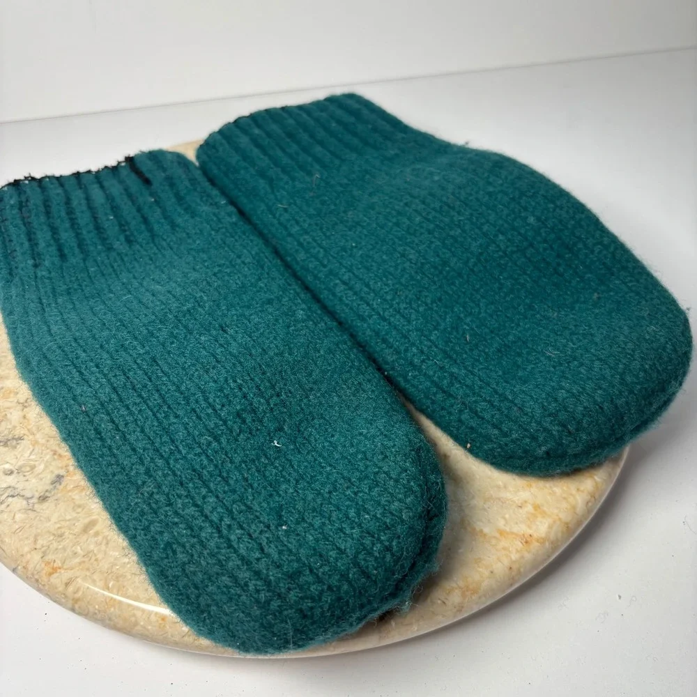 Vintage Wool Ribbed‎ Knit Mittens Large Teal Green Insulated Heavyweight Winter